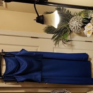 Royal blue satin faux wrap skirt and spaghetti strap matching top